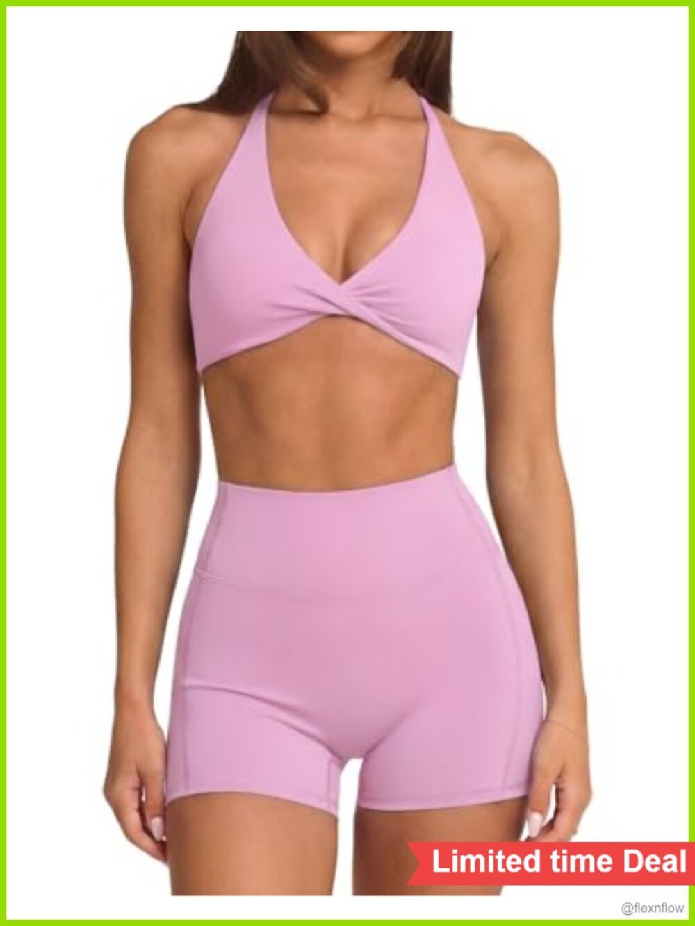 2 Piece Workout Set Twist Front Sports Bra High Waist Biker Shorts